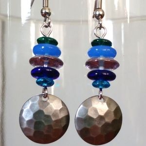 Hammered Silver Disk Multi Color Glass Earrings